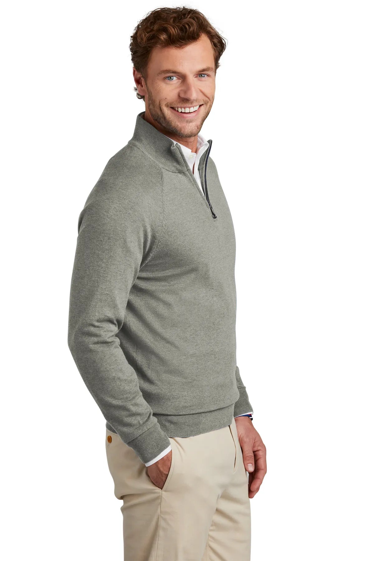 Brooks Brothers® Cotton Stretch 1/4-Zip Sweater BB18402 Light Shadow Grey Heather_2