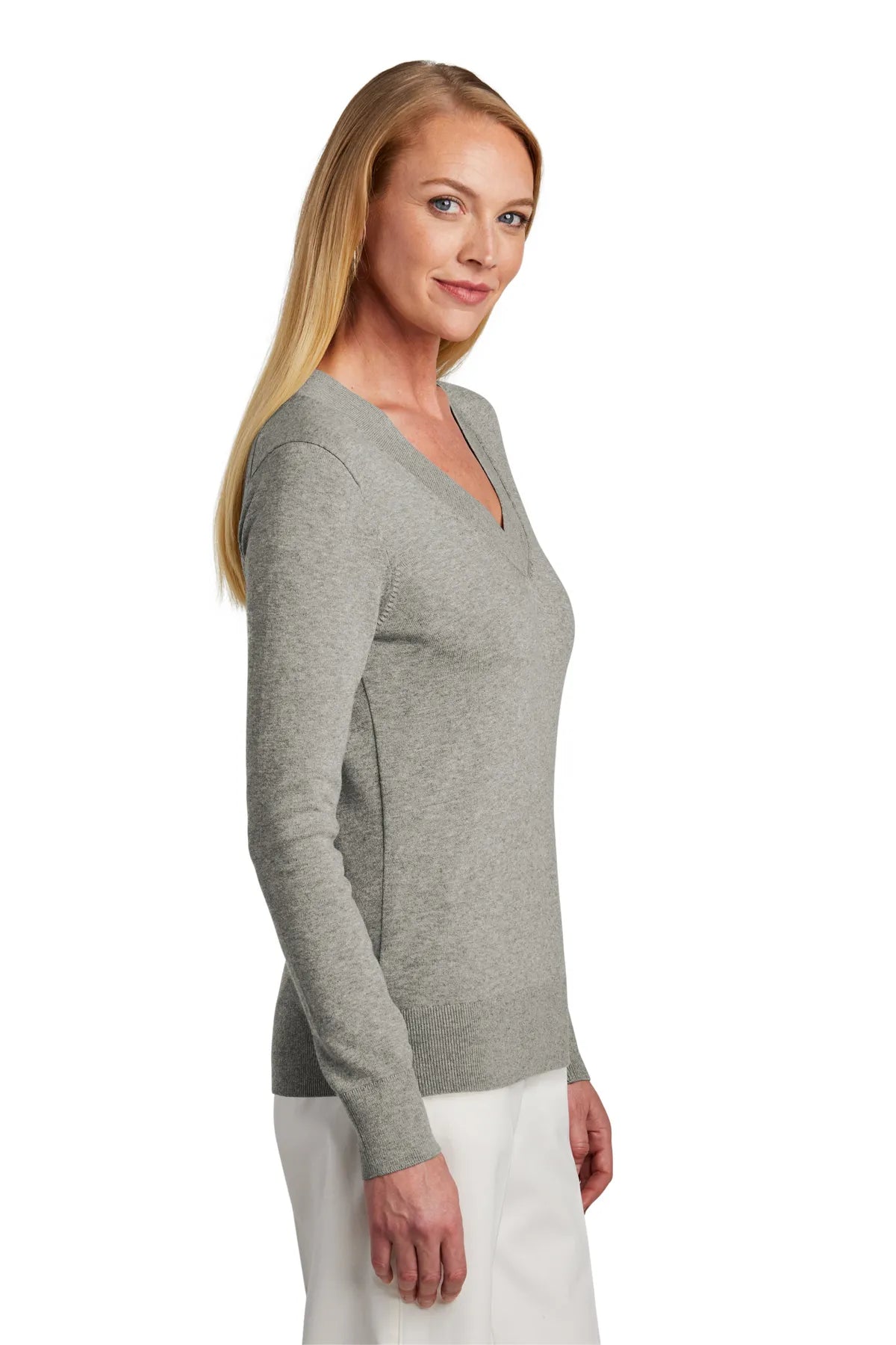 Brooks Brothers® Women's Cotton Stretch V-Neck Sweater BB18401 Light Shadow Grey Heather_2