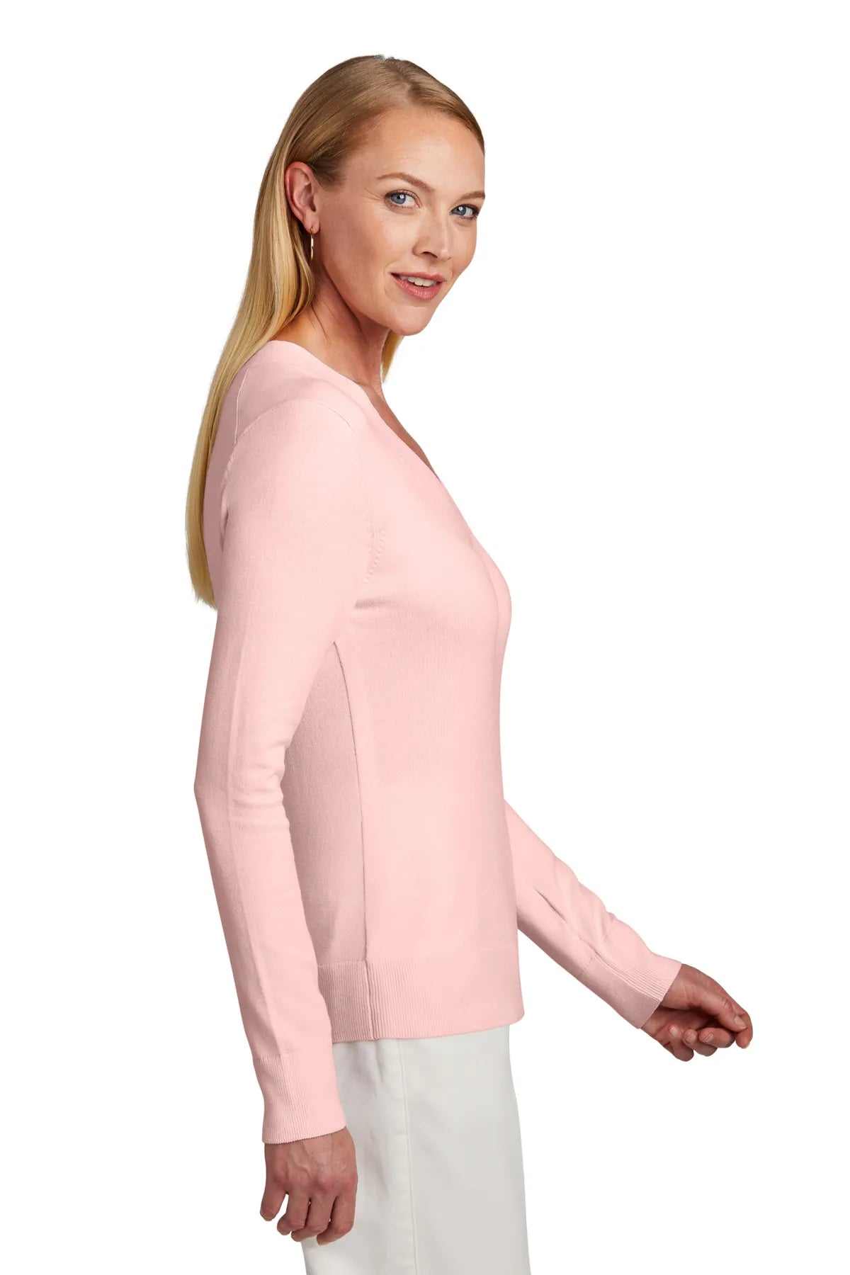 Brooks Brothers® Women's Cotton Stretch V-Neck Sweater BB18401 Pearl Pink_2
