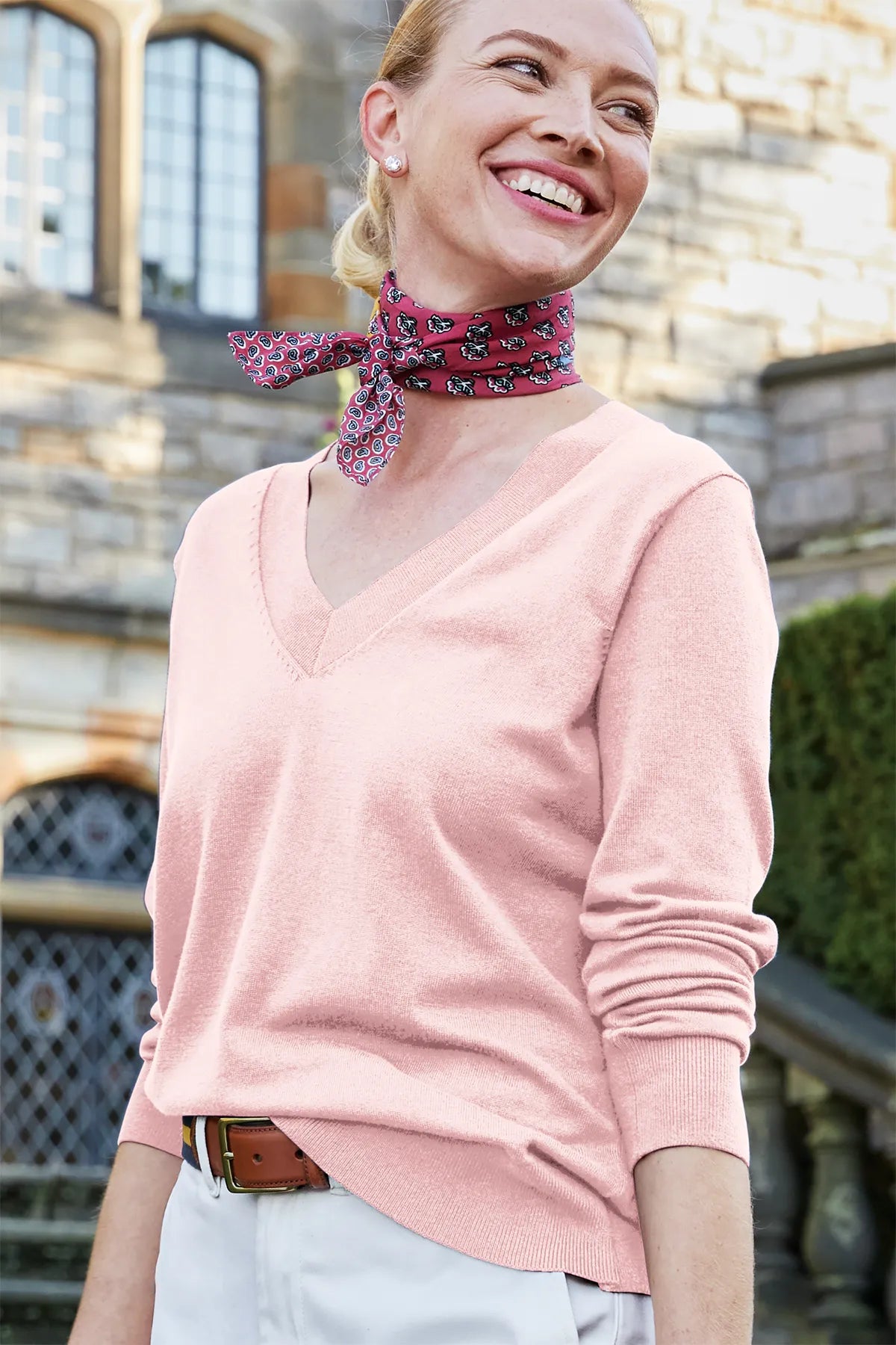 Brooks Brothers® Women's Cotton Stretch V-Neck Sweater BB18401 Pearl Pink_5