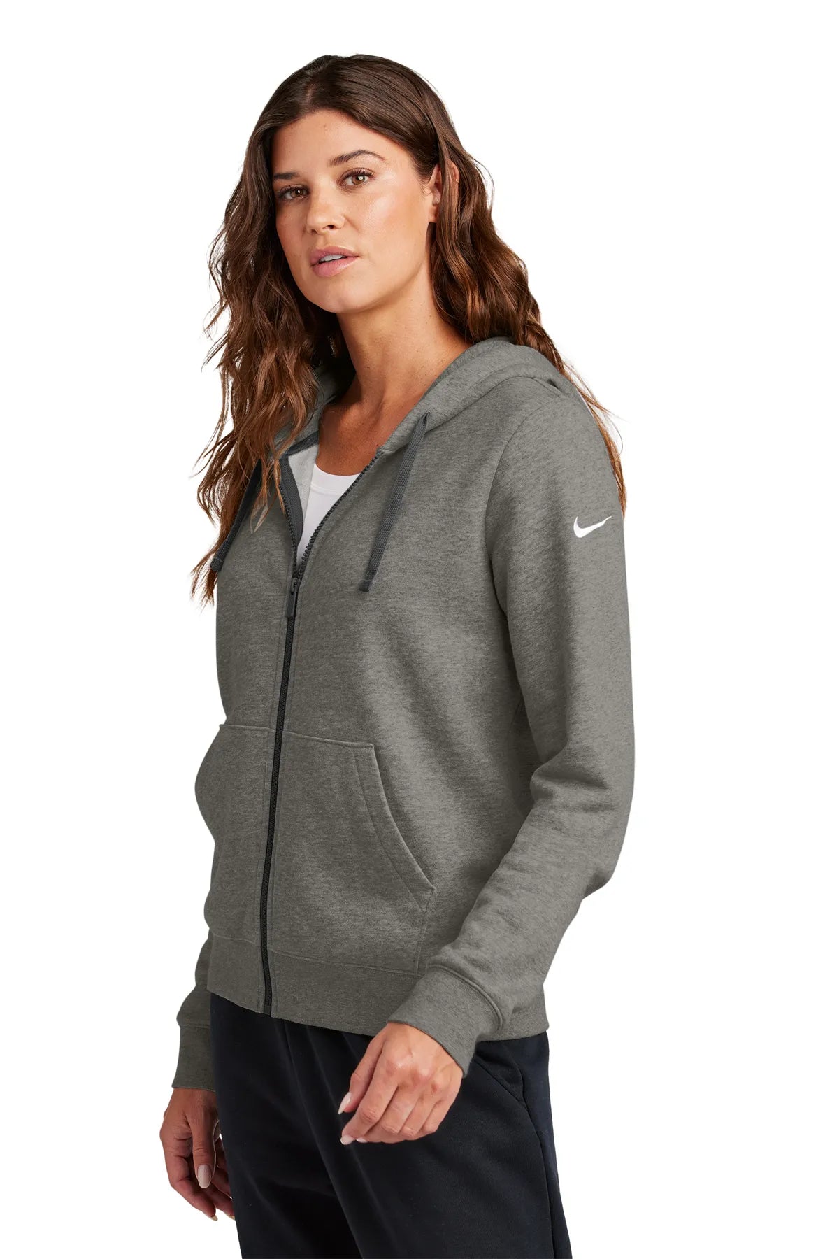 Nike Ladies Club Fleece Sleeve Swoosh Full-Zip Hoodie NKFD9890 Charcoal Heather_3